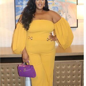 NWT plus Size FashionNova Felicia Yellow Mustard off shoulder jumpsuit Size 3XL